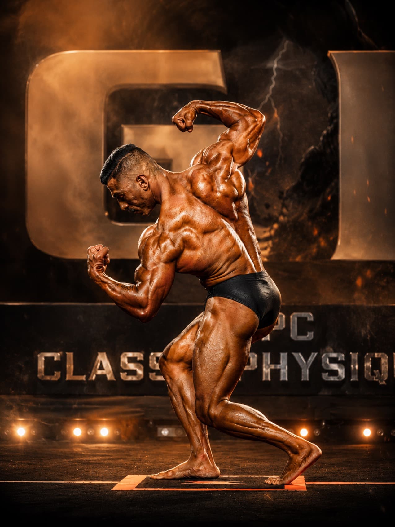 Coach Chris competing on stage during a bodybuilding show